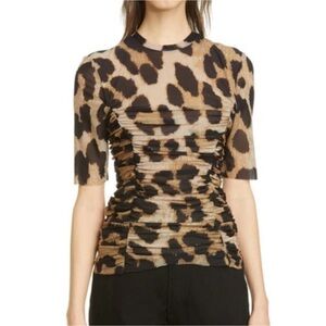 Ganni Mesh Leopard Ruched Top